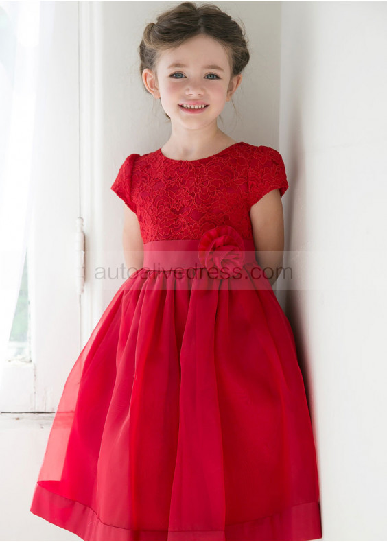 Lace Organza Tea Length Flower Girl Dress With Flower Sash